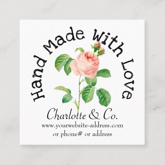 ピンクのバラ手作りラブプロダクトありがとう スクエア名刺 (正面)