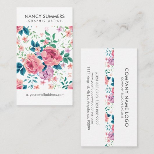 ピンクのバラ模様 名刺 (正面/裏面)