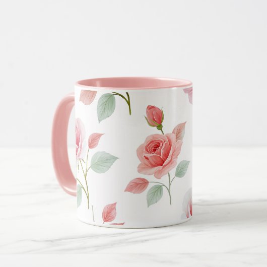 ピンクのバラ模様、柔らかな色合い マグカップ (正面左)