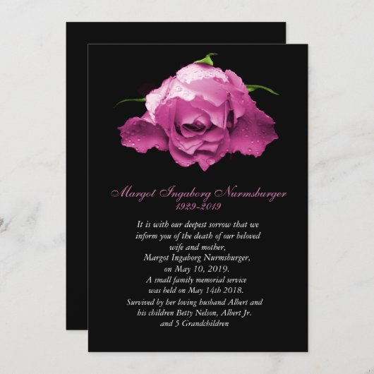 ピンクのバラ死の発表カード 案内状 (正面/裏面)