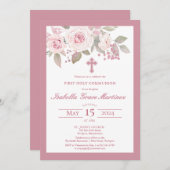 ピンクのバラ牡丹フローラ最初の聖餐式 招待状 (正面/裏面)