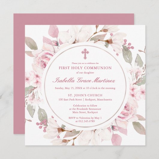 ピンクのバラ牡丹フローラ最初の聖餐式 招待状 (正面/裏面)