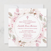 ピンクのバラ牡丹フローラ最初の聖餐式 招待状 (正面)