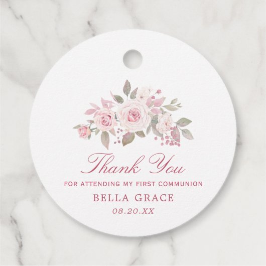 ピンクのバラ牡丹First Communion Thank You フェイバータグ (裏面)