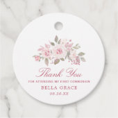 ピンクのバラ牡丹First Communion Thank You フェイバータグ (正面)