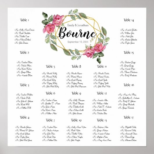 ピンクのバラ結婚スのシーティングチャート17表 ポスター (正面)