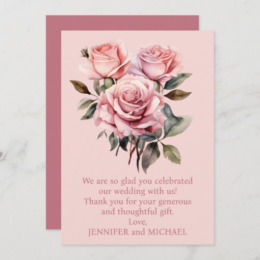 ピンクのバラ結婚ズの感謝の気持ち サンキューカード (正面/裏面)