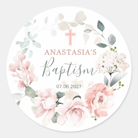 ピンクのバラ緑の葉のバプテスマ ラウンドシール (正面)