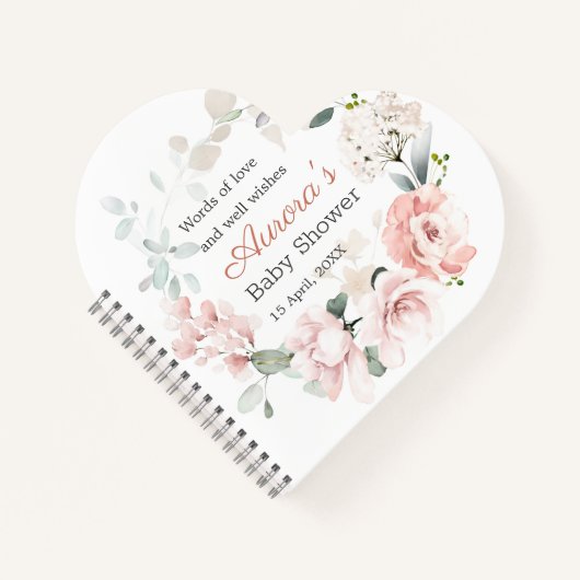 ピンクのバラ緑の葉ベビーシャワーノートブック ノートブック (正面)