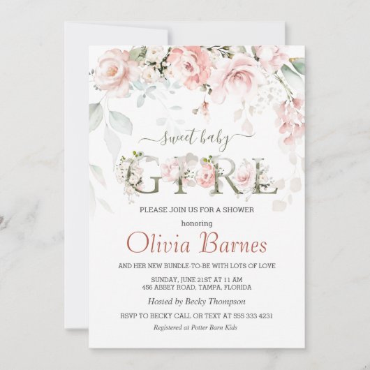 ピンクのバラ緑の葉ベビーシャワー 招待状 (正面)