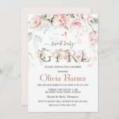 ピンクのバラ緑の葉ベビーシャワー 招待状 (正面/裏面)