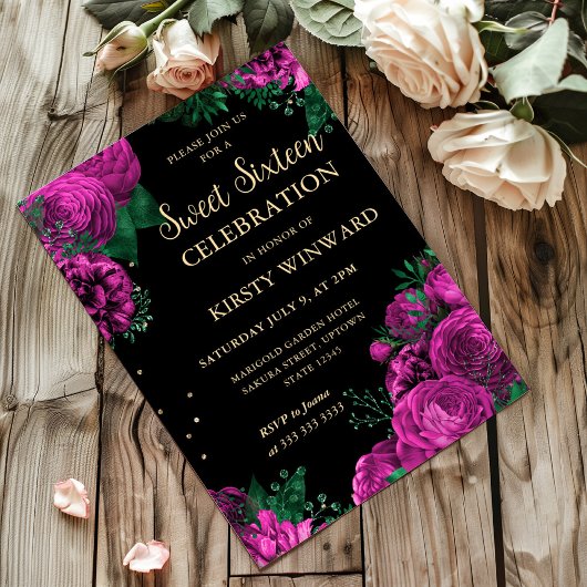 ピンクのバラ縁どスフローラSweet sixteen 招待状