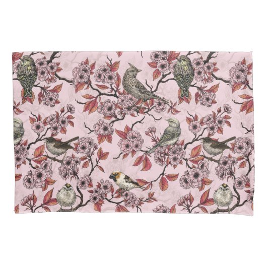 ピンクのバラ色に鳥と桜 枕カバー (正面左)