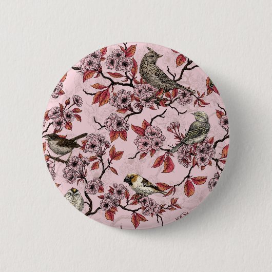 ピンクのバラ色の背景に鳥と桜 缶バッジ (正面)