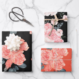 ピンクのバラ花の花柄 ラッピングペーパーシート