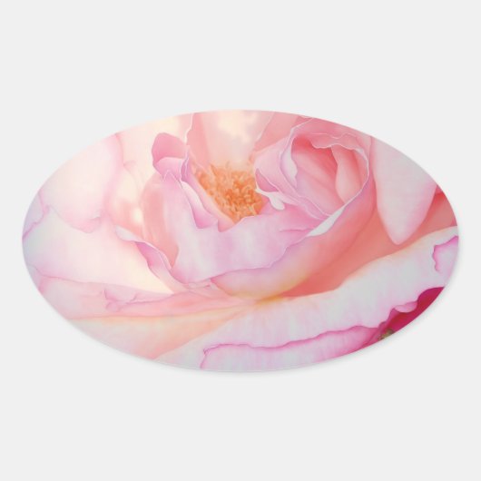 ピンクのバラ花びらの水色 楕円形シール (正面)