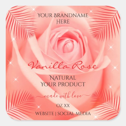 ピンクのバラ花フローラ製品ラベルのパーム葉製品 スクエアシール (正面)