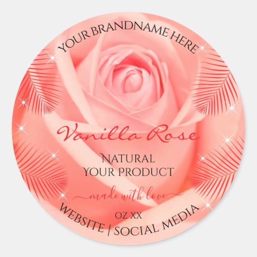 ピンクのバラ花フローラ製品ラベルのパーム葉製品 ラウンドシール (正面)