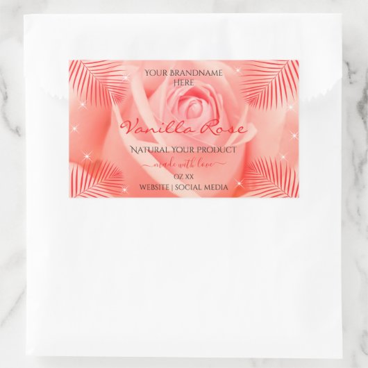 ピンクのバラ花フローラ製品ラベルのパーム葉製品 長方形シール (バッグ)