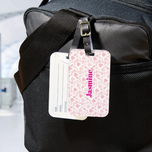 ピンクのバラ花柄とモノグラムカスタム付き ラゲッジタグ