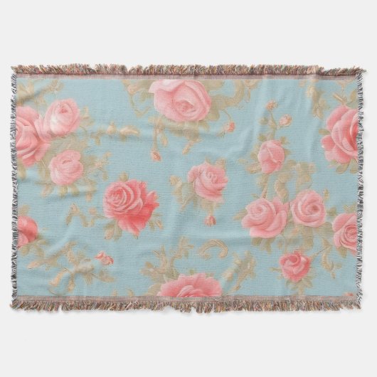 ピンクのバラ花柄 スローブランケット (正面)
