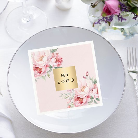 ピンクのバラ花模様のビジネスロゴ スタンダードカクテルナプキン