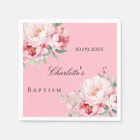 ピンクのバラ花模様エレガント洗礼 スタンダードカクテルナプキン (正面)