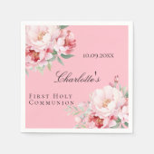 ピンクのバラ花模様ガールファースト・ホーリー・コミュニオン スタンダードカクテルナプキン (正面)