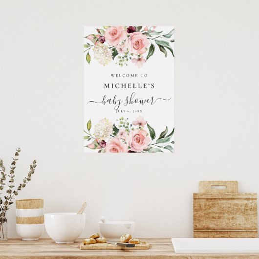 ピンクのバラ赤ちゃんシャワー歓迎サイン ポスター (キッチン)