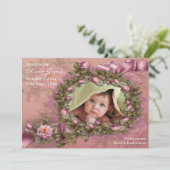 ピンクのバラ赤ちゃん女の子の写真の誕生のお知らせ 案内状 (スタンド正面)