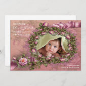 ピンクのバラ赤ちゃん女の子の写真の誕生のお知らせ 案内状 (正面/裏面)