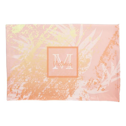 ピンクのバラ金ゴールドのヤシ葉の木の珊瑚 枕カバー (正面)