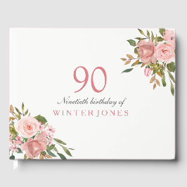 ピンクのバラ金ゴールドの花90th誕生日パーティー ゲストブック