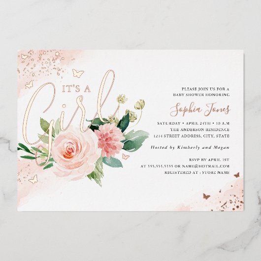 ピンクのバラ金ゴールド女の子の赤ちゃんシャワー 箔招待状 (正面)