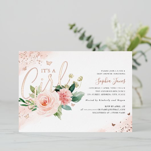 ピンクのバラ金ゴールド女の子の赤ちゃんシャワー 箔招待状 (立ち正面)