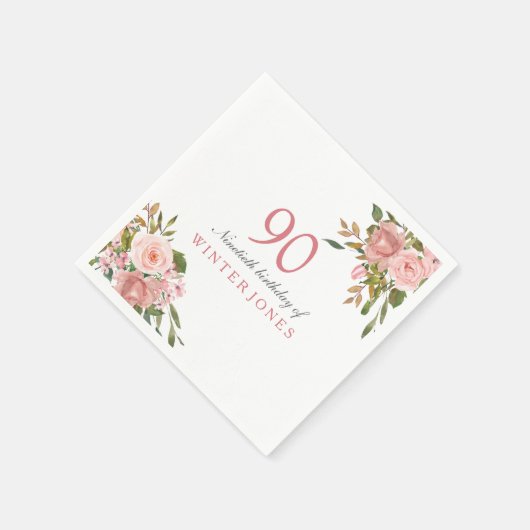 ピンクのバラ金ゴールド花90th誕生日パーティナプキンス スタンダードカクテルナプキン (角)
