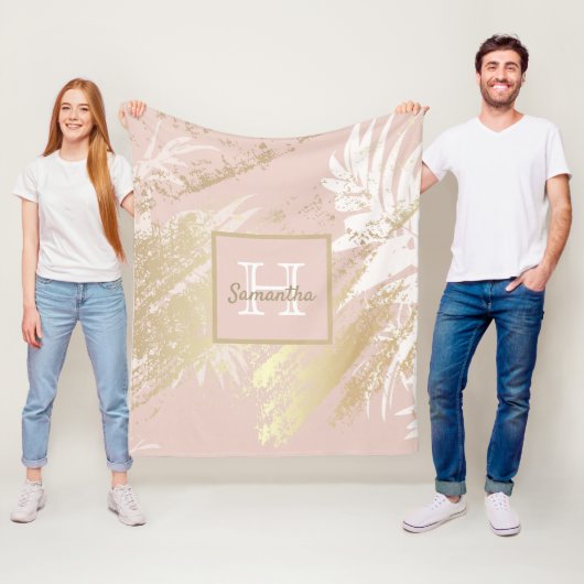 ピンクのバラ金ゴールド離れ赤面葉モノグラム フリースブランケット (インサイチュ)