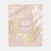 ピンクのバラ金ゴールド離れ赤面葉モノグラム フリースブランケット (正面)