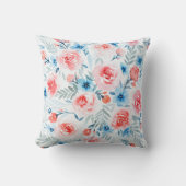 ピンクのバラ青い花水彩フローラルパターン クッション (正面)