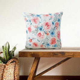ピンクのバラ青い花水彩フローラルパターン クッション