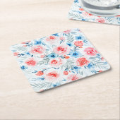 ピンクのバラ青い花水彩フローラルパターン スクエアペーパーコースター (アングル)