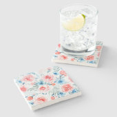 ピンクのバラ青い花水彩フローラルパターン ストーンコースター (横)