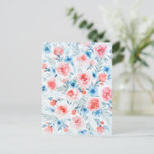 ピンクのバラ青い花水彩フローラ ポストカード (スタンド正面)