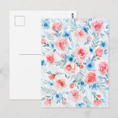 ピンクのバラ青い花水彩フローラ ポストカード (正面/裏面)