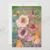 ピンクのバラ黄色の鳥の復活祭 シーズンカード (正面)