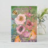 ピンクのバラ黄色の鳥の復活祭 シーズンカード (スタンド正面)