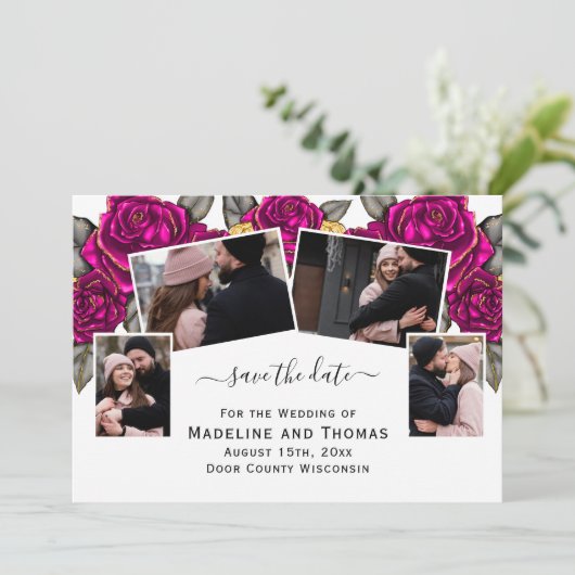 ピンクのバラ4枚のフォトフラット日付カードを保存 セーブザデート (スタンド正面)