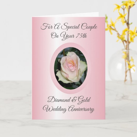 ピンクのバラ お名前入り 75周年結婚記念日 カード (黄色い花)