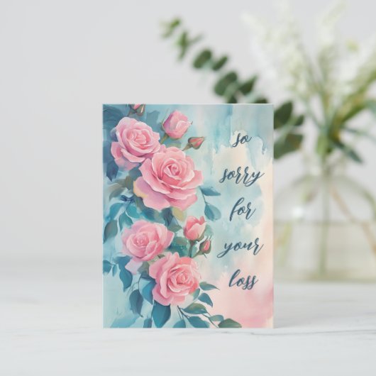 ピンクのバラ ごめんなさい お悔やみ申し上げます ポストカード (スタンド正面)