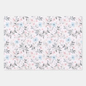 ピンクのバラ アイスブルーとホワイトの花柄 ラッピングペーパーシート (正面)